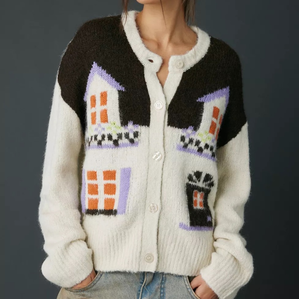 BDG Cream Cardigan Sweater with Black, Purple & Orange House Motif